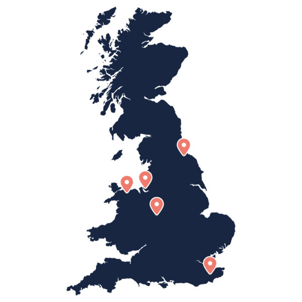 Dark blue map with pink pin points for each Jane Lewis office location