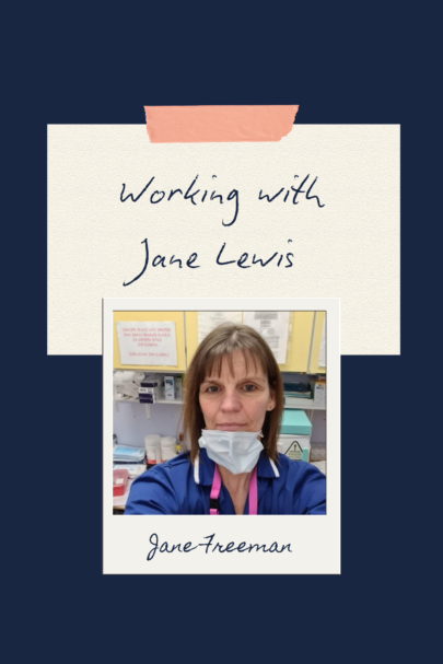 A diary cover for Jane Freeman, a nurse that works with Jane Lewis. The cover is dark blue with a photo of Jane in her scrubs and a face mask