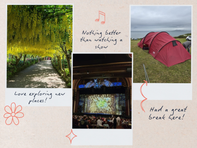 A page from Jane's diary (Registered nurse) showing her love for camping, theatre and nature.