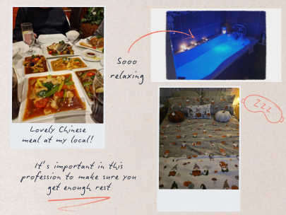 Page 3 of Jane's diary, this page shows an image of a colourful Chinese meal, a relaxing bubble bath with candles around the side and a pumpkin themed bed