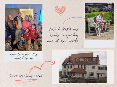 A written diary entry with images and doodles - images of Jane's family, her husky dog and a residential building she enjoys working at