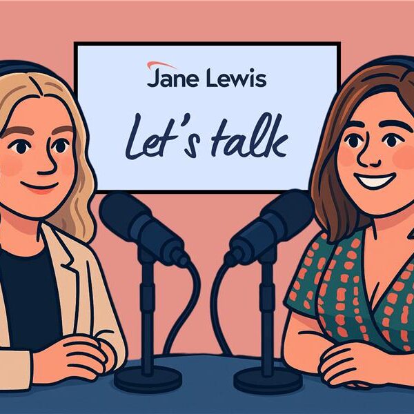 Jane Lewis Let's Talk podcast image with cartoon characters