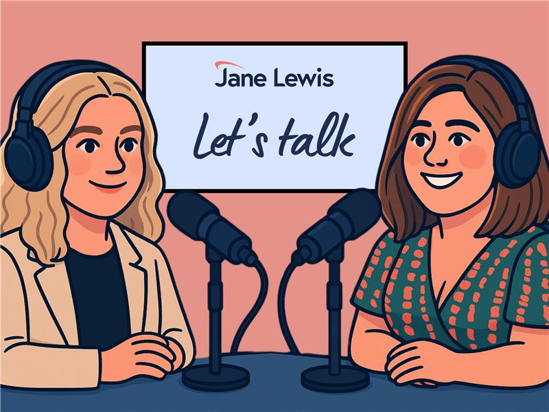 Jane Lewis Let's Talk podcast image with cartoon characters