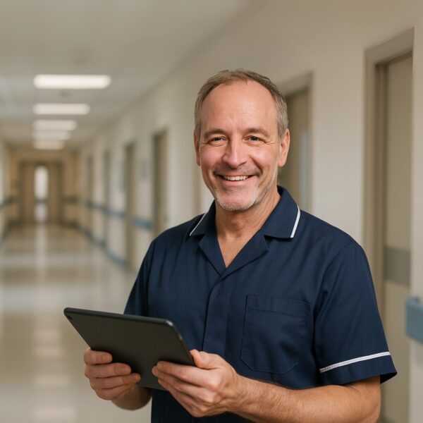 Male Jane Lewis nurse smiling, standing in a hospital corridor with a black tablet