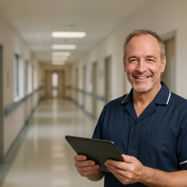Male Jane Lewis nurse smiling, standing in a hospital corridor with a black tablet