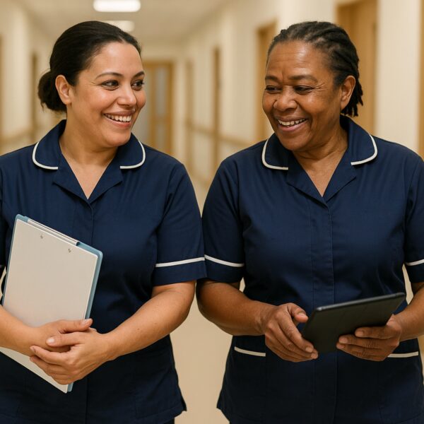 Two female Jane Lewis nurses walking through a service corridor
